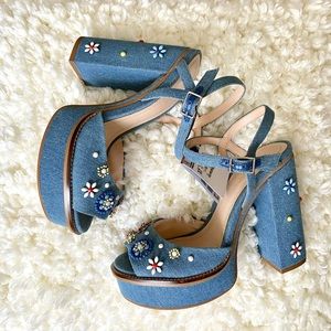 Zara Denim floral embellished platform sandals 7